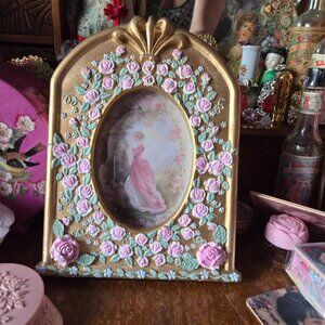 Vintage Gold Picture Frame Pink Roses Cottagecore Romantic Whimsy